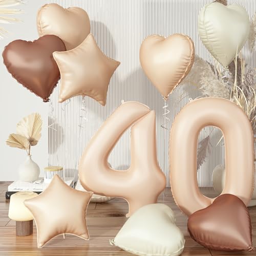 40. Geburtstag Luftballon Zahl Deko, Nude Beige Folienballon 40 Kaffee Stern Ballon, Braun Aprikose Creme Helium Neutraler Herz Luftballons Geburtstagsdeko für Frau 40 Jare Geburtstag Party Dekoration von Govpy