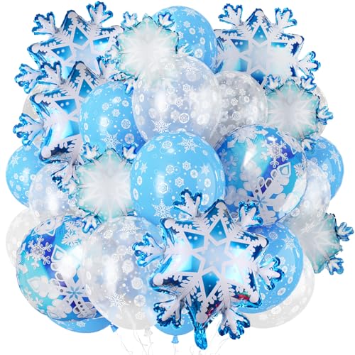 50 Stk Weihnachts Schneeflocken Ballons Set, Blau Silber Frozen Schneeflocke Folienballon in verschiedenen Formen und Latex Ballons, Weihnachten Deko Luftballon für Winter Wunderland Party Dekoration von Govpy