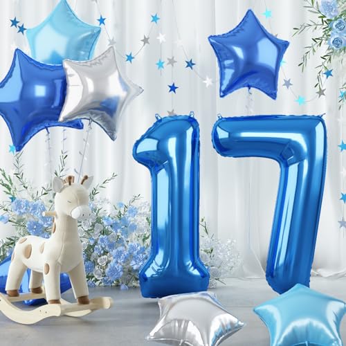 Ballon 17. Geburtstag Zahlen für Jungen, Blau Dunkelblau Große Zahl 17 Folienballon Deko, 40 Zoll Pastell Hellblau Silber Stern 17 Luftballon für Mann 17 Jahr Geburtstagdeko Jubiläum Party Dekoration von Govpy