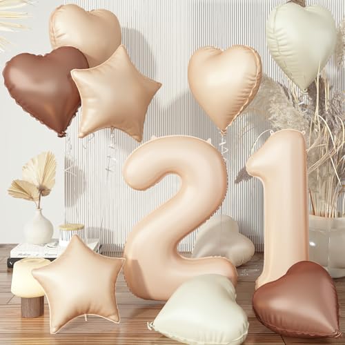 Beige Luftballons Zahl 21, Creme Ballon 21. Geburtstag Deko für Mädchen, Neutraler Kaffee Nude Herzballons Helium Braun Stern Folienballon für 21 Jahr Frau Geburtstagsdeko Jubiläum Party Dekoration von Govpy