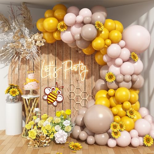 Boho Ballon Girlande Beige Gelb, Creme Weiß Nude BraunSenfgelb Latex Sonnenblume Luftballon Girlande Set für Mädchen und Fraue Herbst Biene Geburtstag Party Deko Hummel Hochzeit Babyparty Dekoration von Govpy