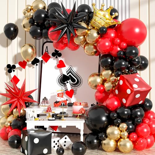 Casino Deko Ballon Girlande Set, 104 Stück Rot Schwarz Gold Metallic Latex Luftballon Girlande mit Würfel Krone Stern für Damen Herren Kasino Nacht Las Vegas Motto Geburtstag Party Dekoration von Govpy