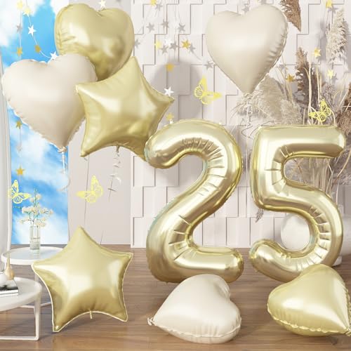 Champagner Gold Folienballon Zahl 25, XXL Hell Goldene Zahlenballon 25 mit Creme Herz Stern Helium Luftballons für Frauen 25 Geburtstagsdeko, 40'' Zahlen 25. Geburtstag Ballon für Jubiläum Party Deko von Govpy