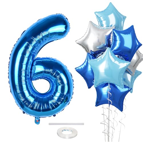 Dunkelblau Zahl Luftballons 6, Riesen Pastell Blau Folienballon 6 Zahlenballon Geburtstagdeko, 40 Zoll Helium Hellblau Silber Stern Zahlen 6 Ballons für Jungen 6. Geburtstag Jubiläum Party Dekoration von Govpy