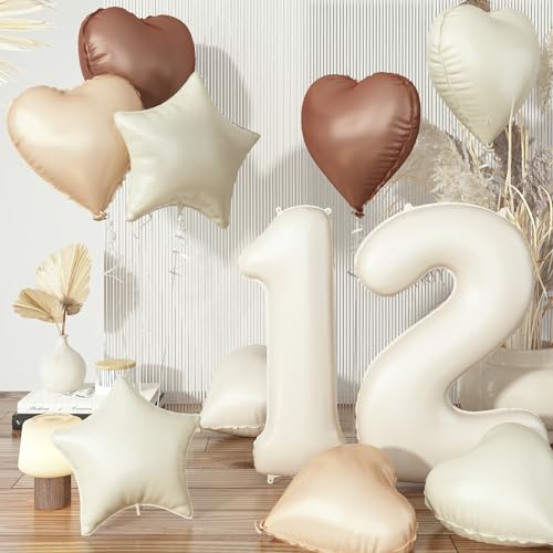 Folienballon 12. Geburtstag Deko, 40'' Creme Beige Zahl 12 Luftballons, Nude 12 Ballon Kaffee Braun Aprikose Helium Neutraler Stern Herz Ballons für Mädchen Geburtstagsdeko Hochzeit Party Dekoration von Govpy