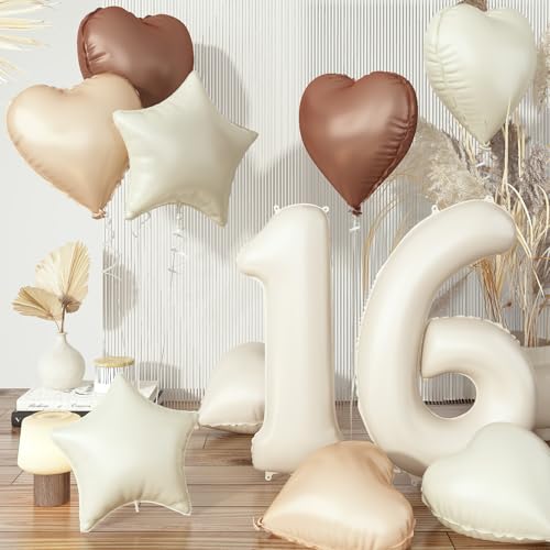 Folienballon 16. Geburtstag Deko, 40'' Creme Beige Zahl 16 Luftballons, Nude 16 Ballon Kaffee Braun Aprikose Helium Neutraler Stern Herz Ballons für Mädchen Geburtstagsdeko Hochzeit Party Dekoration von Govpy