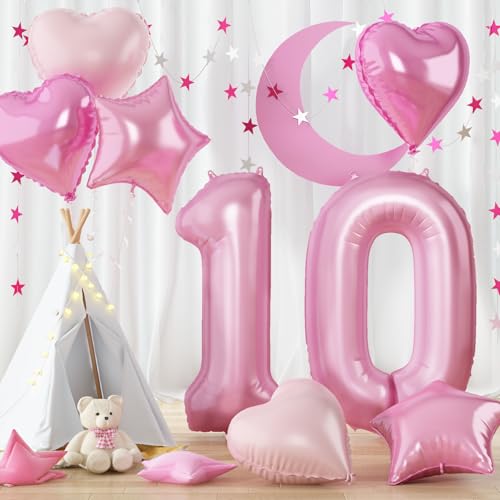 Folienballon Zahl 10 Pastell Rosa, 101cm Zahlen Luftballons 10 mit Herz Stern Ballon, Zahlenballon Helium 40'' Hell Pink Ballons 10. Geburtstag für Frau Mädchen 10 Geburtstagsdeko Jubiläum Party Deko von Govpy