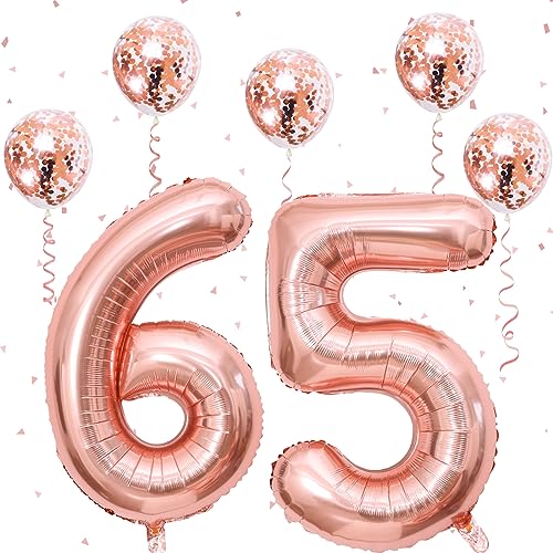 Folienballon Zahl 65 Rosegold, 101 cm Zahlen Luftballons 65 mit Konfetti Ballons, Riesen Luftballon 65. Geburtstag Deko für Frauen Mädchen 65 Jahre Geburtstagsdeko Jubiläum Deko, Fliegt mit Helium von Govpy