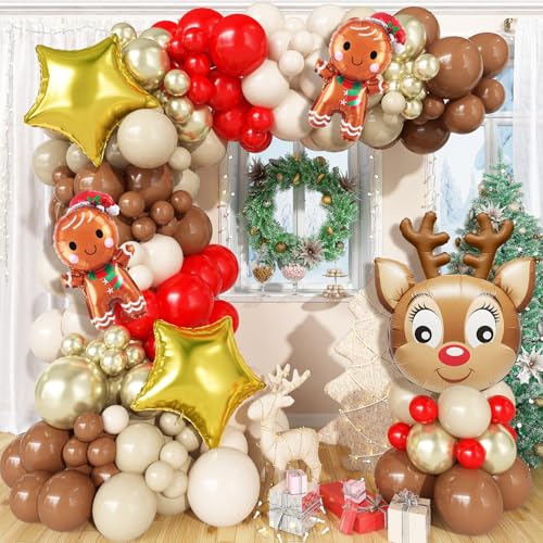 Govpy Luftballons Weihnachten, 147 Stück Weihnachts Deko Ballon Girlande, Braun Rot Sand Weiß Gold Weihnachten Ballon mit Elch Stern Lebkuchenmann Folienballons für Xmas Weihnachtsparty Outdoor Deko von Govpy