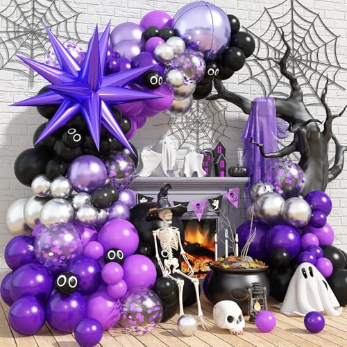 Halloween Luftballons Girlande, 128 Stück Schwarz Metallic Silber Dunkel Lila Konfetti Halloween Deko Ballons mit Explosion Stern 4D Folienballon für Halloween Geburtstag Party Dekorations Draußen von Govpy