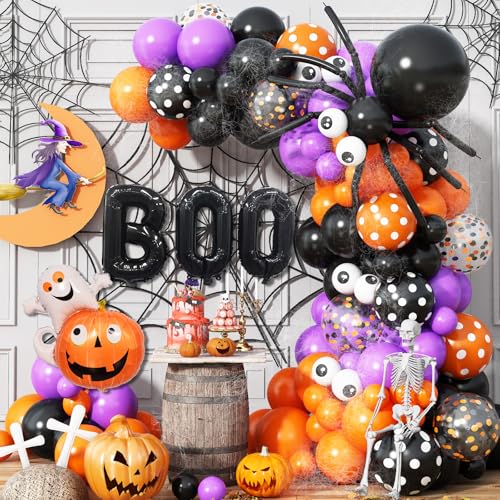 Halloween Ballons Girlande, 128 Stück Halloween Luftballons Set, Orange Lila Schwarz Latex Long Ballon mit BOO Geist Kürbis Folienballon Konfetti Ballon für Halloween Party Dekorations Drinnen Draußen von Govpy