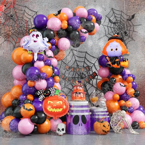 Halloween Luftballons Girlande, 113 Stück Halloween Deko Ballons Schwarz Lila Orange Rosa Pink mit 3D Schläger Kürbis Spinne Geist Hexe Folienballons Halloween Banner für Halloween Party Dekorations von Govpy