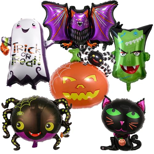 Halloween Deko Folienballon Set, 6 Stück XXL Luftballon Geist Katze Spinne Kürbis Fledermaus Grün Monster Kopf Happy Halloween Ballon für Kinder Horror Thema Trick or Treat Gruselig Party Dekoration von Govpy