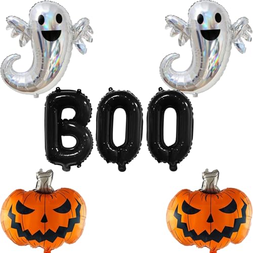 Halloween Boo Luftballon Set, Silber Laser Geist Orange Kürbis Halloween Helium Folienballon mit Schwarz Boo Ballon Banner für Kinder Horror Grusel Thema Trick or Treat Nacht Party Dekoration von Govpy