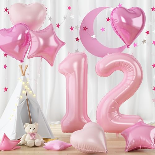 Luftballon 12. Geburtstag, Pastell Rosa Folienballon 101cm Zahl 12 mit Herz Stern Ballon, 40'' Hell Pink Zahlen 12 Ballon Geburtstagsdeko für Mädchen Frau Valentinstag Jubiläum Deko, Fliegt mit Helium von Govpy