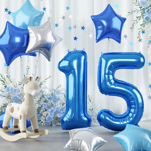 Luftballon 15. Geburtstag für Jungen, Große Blau Dunkelblau Silber Stern Zahl 15 Folienballon Deko, 40'' Helium Pastell Hellblau Zahlen 15 Ballon für Mann 15 Jahr Geburtstag Jubiläum Party Dekoration von Govpy