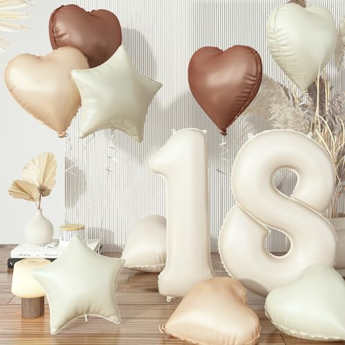 Luftballon 18. Geburtstag für Mädchen, Neutraler Beige 18 Zahl Deko Nude Creme Stern Folienballon, Braun Helium Herz Luftballons Geburtstagsdeko für Frau 18 Jare Hochzeit Jubiläum Party Dekoration von Govpy