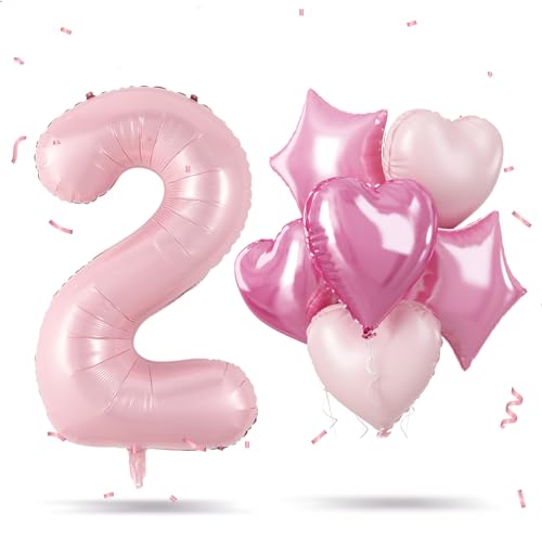 Luftballon 2. Geburtstag, Pastell Rosa Folienballon Riesen Zahl 2 mit Herz Stern Ballon, 40'' Hell Pink Zahlen 2 Ballon Geburtstagsdeko für Mädchen Frau Valentinstag Jubiläum Deko, Fliegt mit Helium von Govpy