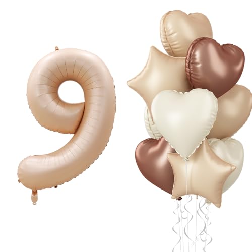 Luftballon 9. Geburtstag Zahl Deko, Nude Beige Folienballon 9 Kaffee Stern Ballon, Braun Aprikose Creme Helium Neutraler Herz Luftballons Geburtstagsdeko für Mädchen 9 Jare Geburtstag Party Dekoration von Govpy