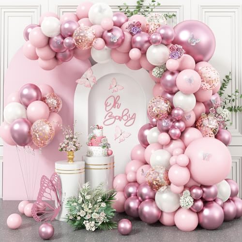 Luftballon Girlande Rosa Weiß Set, Metallic Rosa Flieder Weiss Rosegold Metallic Konfetti Latex Helium Ballon Girlande für Mädchen Frau Geburtstag Hochzeit Brautparty Babyparty Prinzessinn Party Deko von Govpy