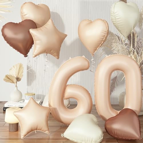 Luftballon Zahl 60 Beige Set, Aprikose 60. Geburtstag Ballons Deko für Frau, Neutraler Creme Kaffee Nude Herzballons Helium Braun Stern Folienballon für 60 Geburtstagsdeko Jubiläum Party Dekoration von Govpy