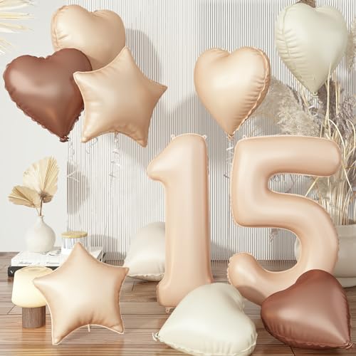 Luftballons 15 Beige, XXL Nude 15. Geburtstag Ballon Deko, Braun Cremeweiß Zahl 15 Ballon Kaffee Aprikose Stern Folienballon Neutraler Herz Luftballons für Frau Hochzeit Valentinstag Party Dekoration von Govpy