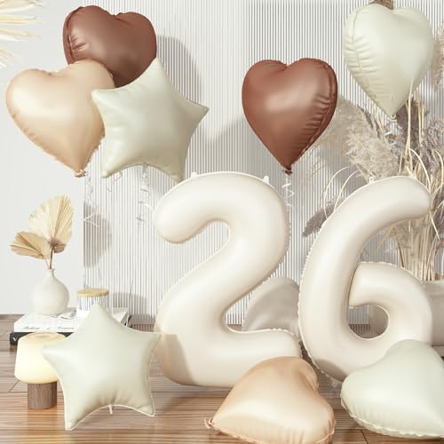 Luftballons 26 Creme, XXL Nude 26. Ballon Geburtstag Cremeweiß Deko, Beige Zahlen 26 Stern Folienballon Neutraler Aprikose Braun Herz Luftballons für Frau Geburtstagsdeko Valentinstag Party Dekoration von Govpy