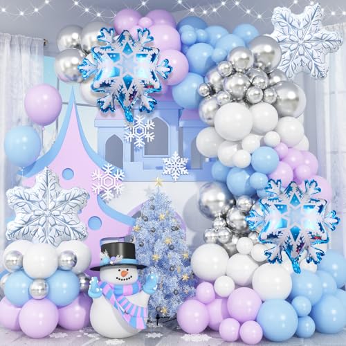 Luftballons Girlande Frozen, 141 Stück Frozen Geburtstagsdeko Lila Blau Weiß Silber Winter Wonderland Ballon Party Dekoration mit Schneeflocken Folienballon für Weihnachten Geburstag Babyparty Deko von Govpy