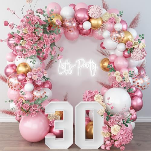 Luftballons Girlande Rosa, 131 Stück Rosa Weiß Ballon Girlande mit Metallic Roségold Konfetti Luftballons für Frauen Mädchen Geburtstag Babyparty Hochzeit Verlobungsparty Dekoration von Govpy