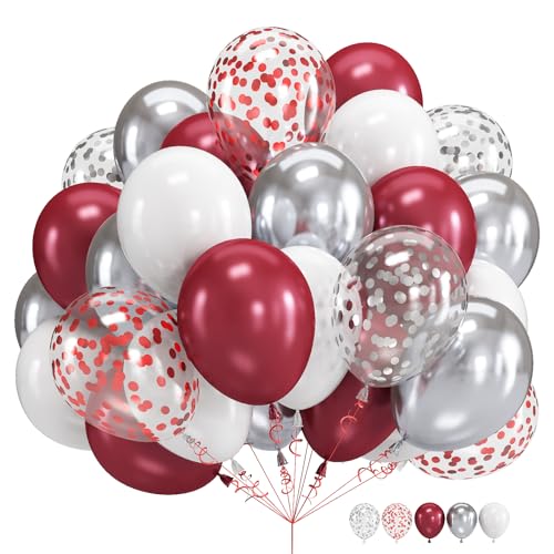 Luftballons Weinrot, 60 Stück 12 Zoll Burgunder und Metallic Silber Konfetti Luftballons, Dunkelrot Weiß Silber Ballon für Mädchen Frauen Geburtstag Hochzeit Jubiläum Brautparty Party Deko von Govpy