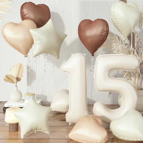 Luftballons Zahlen 15 Creme, Beige Braun Zahl 15 Ballon Aprikose Kaffee Herz Luftballon Hochzeit Deko, Nude Stern Ballon Neutraler Folienballon für Mädchen 15. Geburtstag Jubiläum Party Dekoration von Govpy