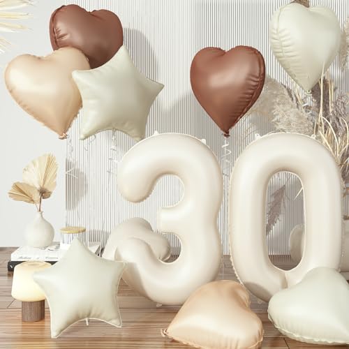 Luftballons Zahlen 30 Creme, Beige Braun Ballon Zahl 30 Geburtstagsdeko Aprikose Herz Luftballon Hochzeit Deko, Nude Stern Neutraler Folienballon für Frauen 30. Geburtstag Jubiläum Party Dekoration von Govpy