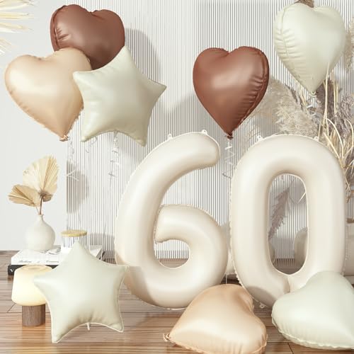 Luftballons Zahlen 60 Creme, Beige Braun Ballon Zahl 60 Geburtstagsdeko Aprikose Herz Luftballon Hochzeit Deko, Nude Stern Neutraler Folienballon für Frauen 60. Geburtstag Jubiläum Party Dekoration von Govpy