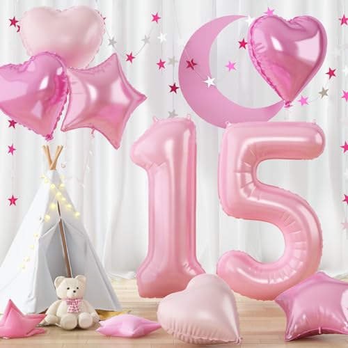 Rosa Luftballon 15. Geburtstag Deko, XXL Zahl 15 Luftballon für Frau 15 Geburtstagsdeko, 40 Zoll Hell Pink Folienballon Zahlen 15 Ballon mit Herz Stern Helium Ballon für 15 Jubiläum Party Dekoration von Govpy