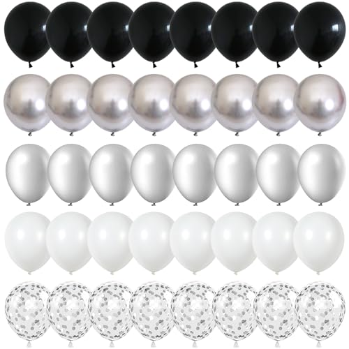 Schwarz und Silber Luftballons, 60 Stück 12 Zoll Schwarz Weiß Metallic Silber Luftballons, Schwarz Silber Geburtstag Luftballons mit Silber Konfetti Ballons für Hochzeit Babyparty Halloween Party von Govpy