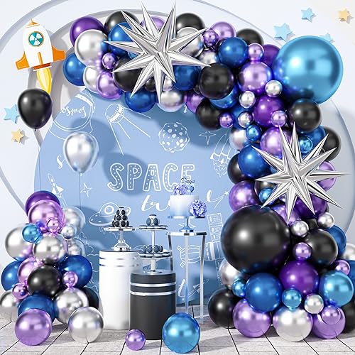 Weltraum Ballon Girlande Set, Galaxie Motto Geburtstag Party Deko für Junge, Metallic Chrom Blau Lila Silber Starburst Helium Luftballon Girlande für Kinder Kindergeburtstag Babyparty Party Dekoration von Govpy