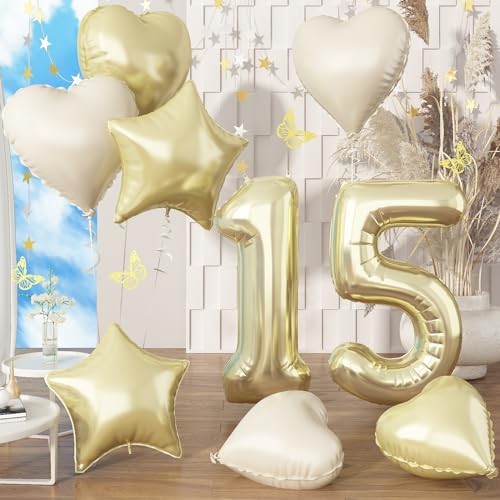 Champagner Gold Folienballon Zahl 15, XXL Hell Goldene Zahlenballon 15 mit Creme Herz Stern Helium Luftballons für Mädchen 15 Geburtstagsdeko, 40'' Zahlen 15. Geburtstag Ballon für Jubiläum Party Deko von Govpy