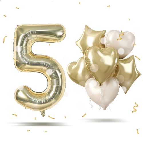 Champagner Gold Folienballon Zahl 5, XXL Hell Gold Zahlenballon 5 mit Creme Herz Stern Helium Luftballons für Mädchen 5 Jahre Geburtstagsdeko, 40'' Zahlen 5. Geburtstag Ballon für Jubiläum Party Deko von Govpy