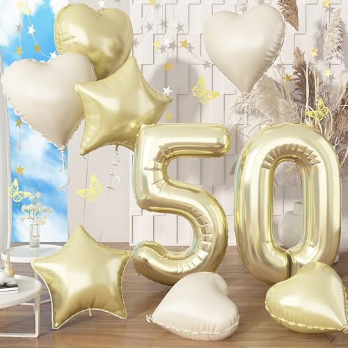 Luftballon 50. Geburtstag, Folienballon Zahl 50 Champagner Gold mit Creme Herz Stern Ballon, 40 Zoll Hell Gold Zahlen 50 Geburtstagsdeko für Frau, Luftballon 50 Jubiläum Party Deko, Fliegt mit Helium von Govpy