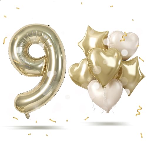 Geburtstag Zahlen Luftballon 9 Jahre, 40'' Champagner Gold Folienballon Zahl 9 für Mädchen, Riesen Hell Gold Helium Ballon 9. Geburtstagsdeko mit Creme Herz Stern Ballon für Frau 9 Jubiläum Party Deko von Govpy