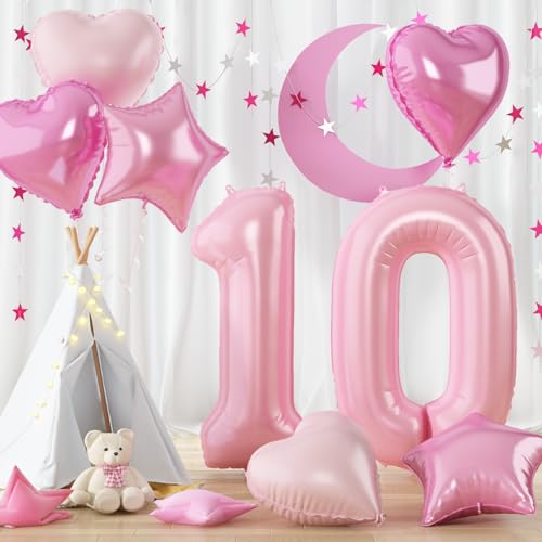 Folienballon Zahl 10 Pastell Rosa, 101cm Zahlen Luftballons 10 mit Herz Stern Ballon, Zahlenballon Helium 40'' Hell Pink Ballons 10. Geburtstag für Frau Mädchen 10 Geburtstagsdeko Jubiläum Party Deko von Govpy