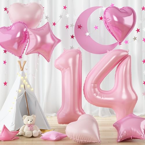 Folienballon 14. Geburtstag Deko, Groß Helium Pastell Rosa Ballon Zahlen mit Hell Pink Herz Stern Ballon für Mädchen 14. Geburtstagdeko, 40'' Zahl Luftballon 14 Jubiläum Valentinstag Party Dekoration von Govpy