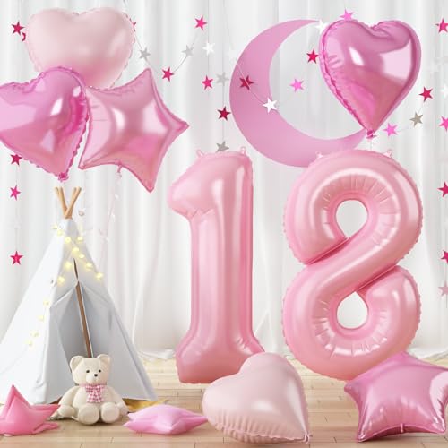 Pastell Rosa Geburtstag Zahlen Luftballon 18, Pink Folienballon Zahl 18 mit Herz Stern Ballon, 40'' Zahlenballon 18 Jahre Geburtstagsdeko für Frau 18. Geburtstag Jubiläum Party Deko, Fliegt mit Helium von Govpy