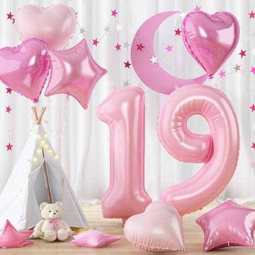 Zahlen Luftballon 19 Rosa, Riesen Hell Pink Folienballon Zahl für Frau 19 Geburtstagsdeko, 40 Zoll Helium Zahlenballon mit Herz Stern Ballon 19. Geburtstag Deko für 19 Jahre Jubiläum Party Dekoration von Govpy