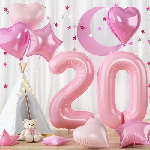 Zahl Luftballon 20. Geburtstag Deko, Pastell Rosa Zahlenballon 20 mit Herz Stern Ballon, XXL Pink Folienballon Zahlen 20 Helium Ballon für Frau 20 Geburtstagsdeko Hochzeit Jubiläum Party Dekoration von Govpy