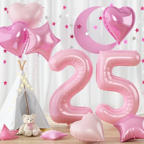 Pastell Rosa Geburtstag Zahlen Luftballon 25, Pink Folienballon Zahl 25 mit Herz Stern Ballon, 40'' Zahlenballon 25 Jahre Geburtstagsdeko für Frau 25. Geburtstag Jubiläum Party Deko, Fliegt mit Helium von Govpy