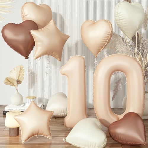 Zahl Luftballon 10 Beige, Groß Helium Creme Braun Ballons 10 Kaffee Aprikose with Nude Neutraler Stern Ballon Herz Folienballon Set für Mädchen 10. Geburtstag Party Deko Hochzeit Babyparty Dekoration von Govpy