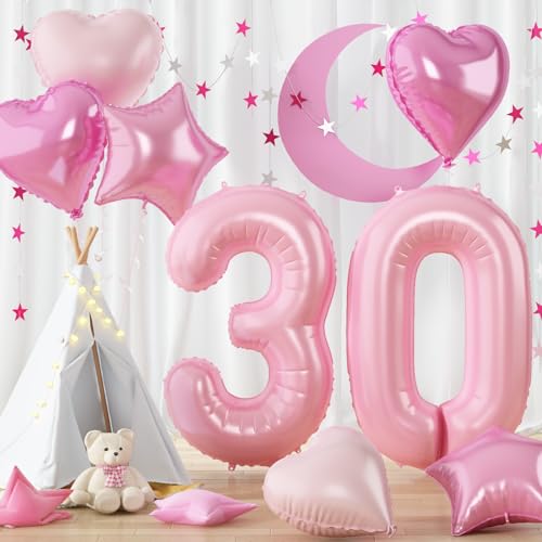 Zahlen Luftballon 30 Rosa, Riesen Hell Pink Folienballon Zahl für Frau 30 Geburtstagsdeko, 40 Zoll Helium Zahlenballon mit Herz Stern Ballon 30. Geburtstag Deko für 30 Jahre Jubiläum Party Dekoration von Govpy