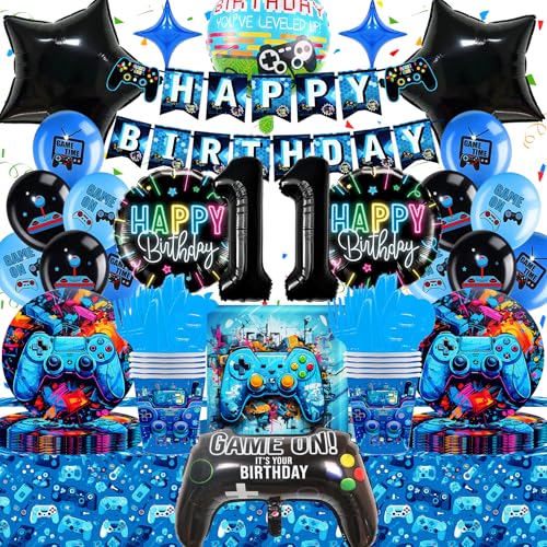 Gamer Geburtstagsdeko Partygeschirr 11 Jahre, Gozuein Videospiel Geburtstagsparty Deko, 3D Gamecontroller Ballon Banner Tischdecke Pappteller Servietten Pappbecher Blau Gamer Gaming Party Deko Junge von Gozuein