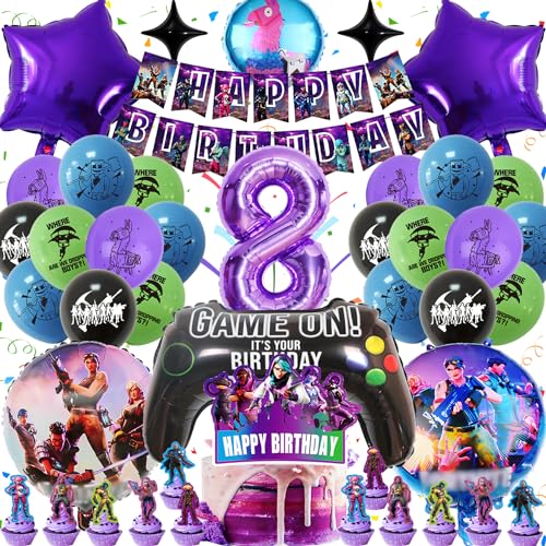 Gozuein Fortnit Geburtstagsdeko Set 8 Jahre, 44 Stück Videospiel Party Dekoration Kindergeburtstag, 3D Luftballons Tortendeko Gamer Themen Deko Geburtstag, Fortnit Kuchendeko Banner Kit Jungen Kinder von Gozuein